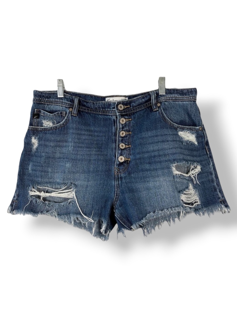 Kancan for Maurices Dark Wash Distressed High Waisted Button Fly Jean Shorts